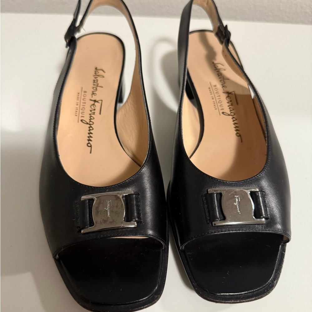Salvatore Ferragamo Black Peep-Toe Slingback Heels